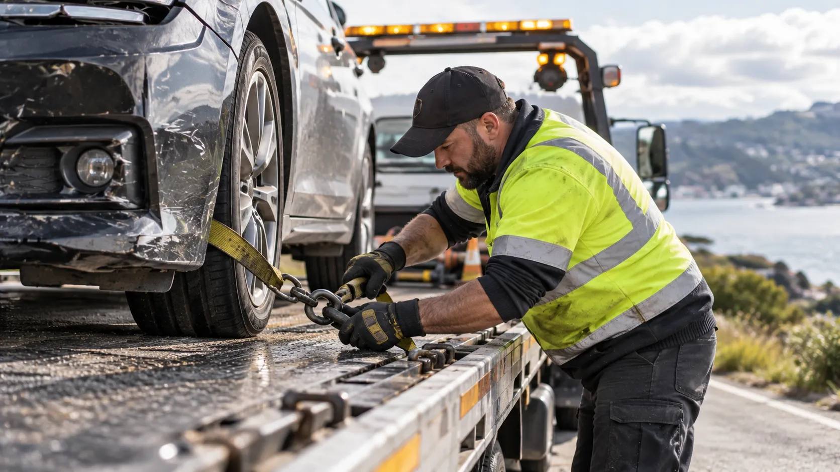A tow truck operator securing a damaged car to a flatbed with a strap and chain