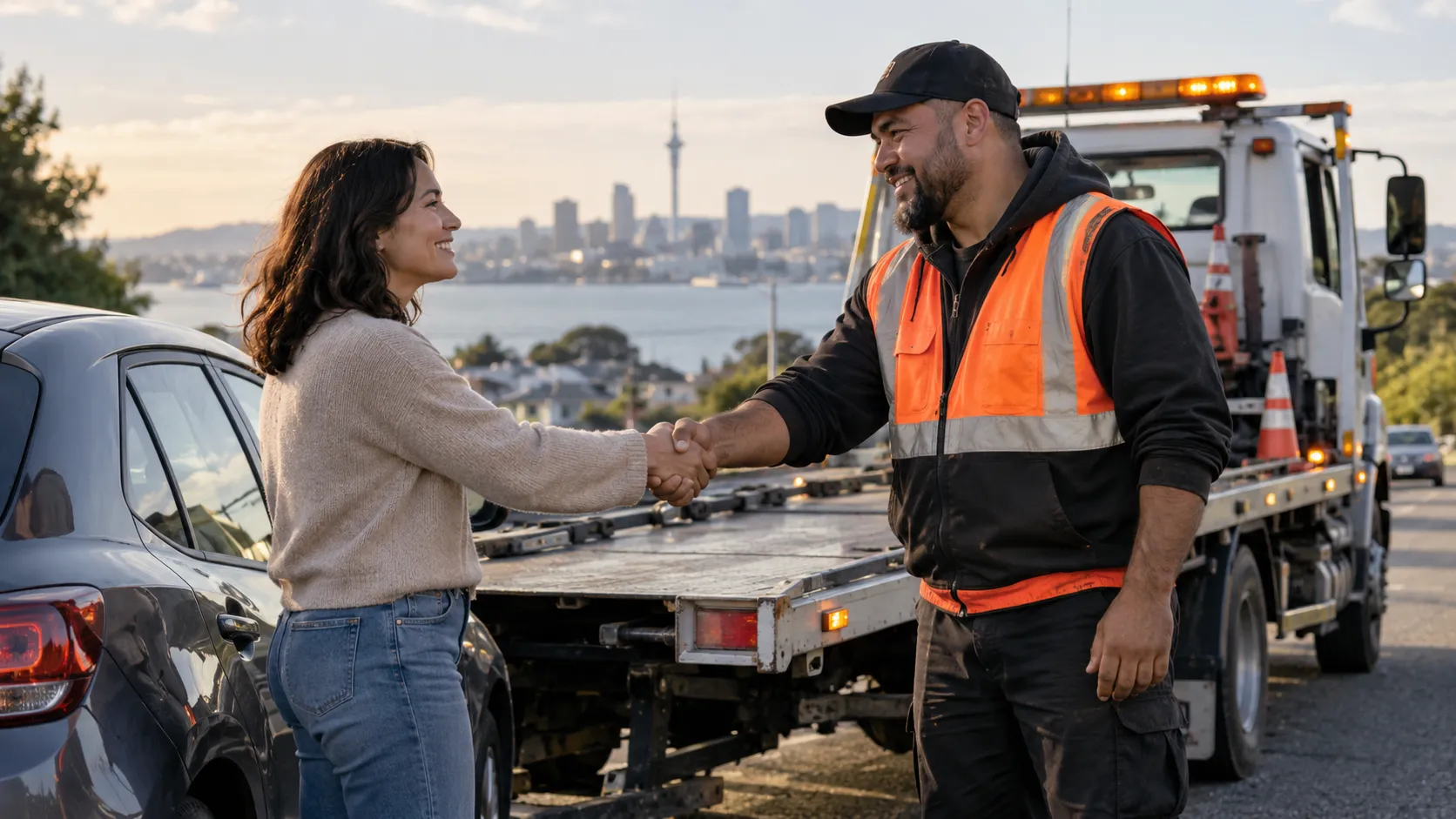 A driver and a tow truck operator shaking hands with the Auckland skyline behind them