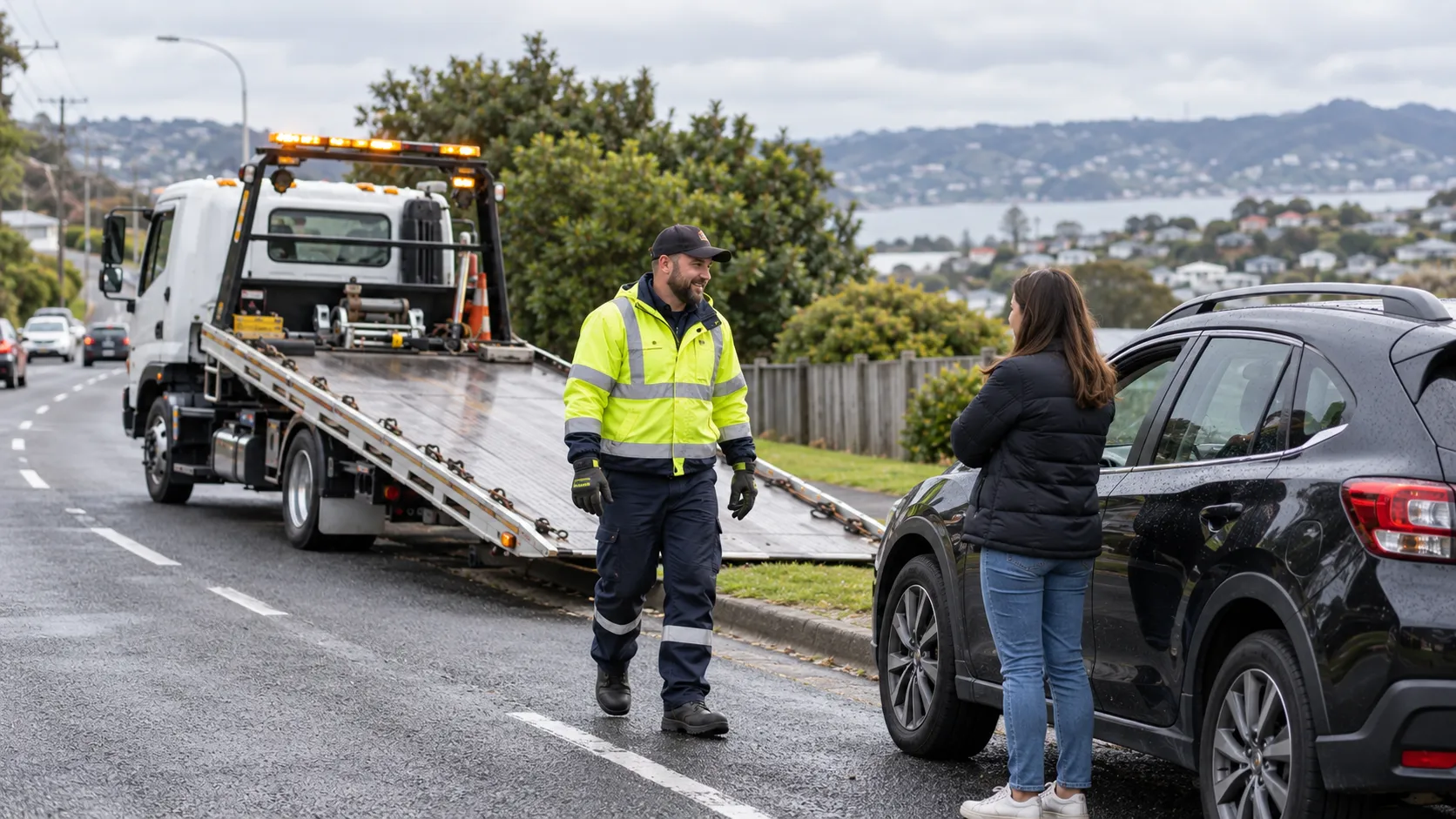 A tow truck operator walking over to a driver waiting beside her SUV on a suburban road