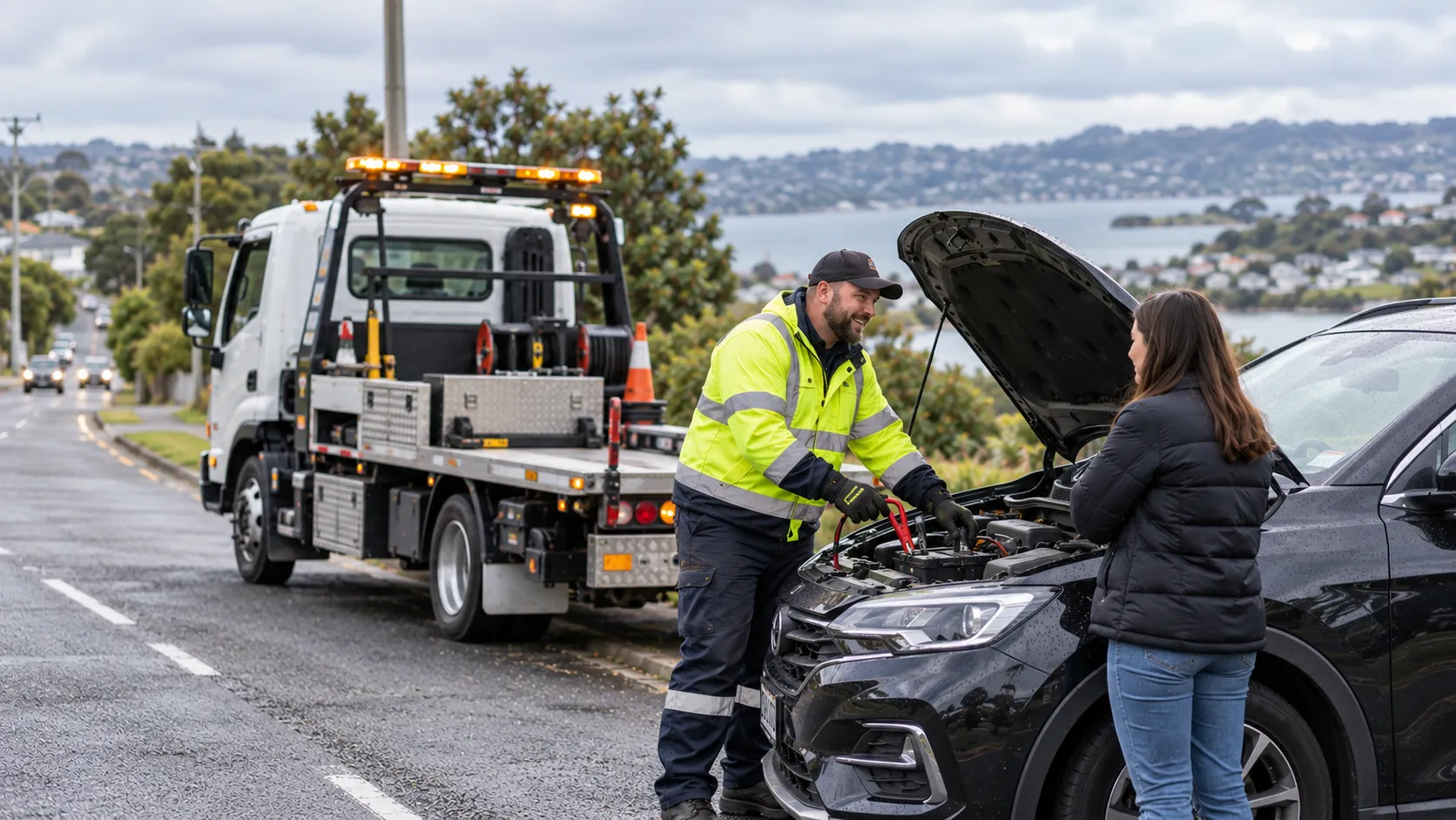 A roadside assistance operator jump-starting a driver's car on a suburban road