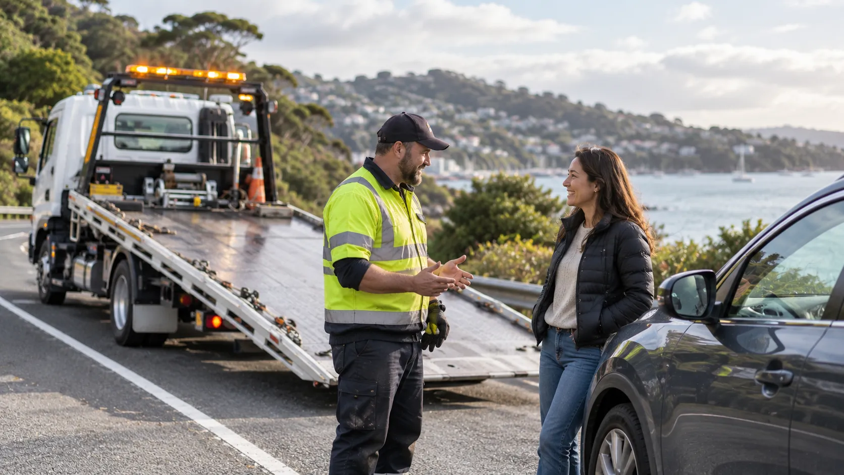 A tow truck operator chatting with a smiling driver beside her car on a coastal road