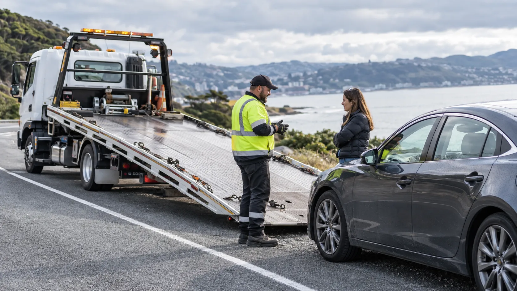 A tow truck operator in a hi-vis jacket talking with a driver beside her car on a coastal road