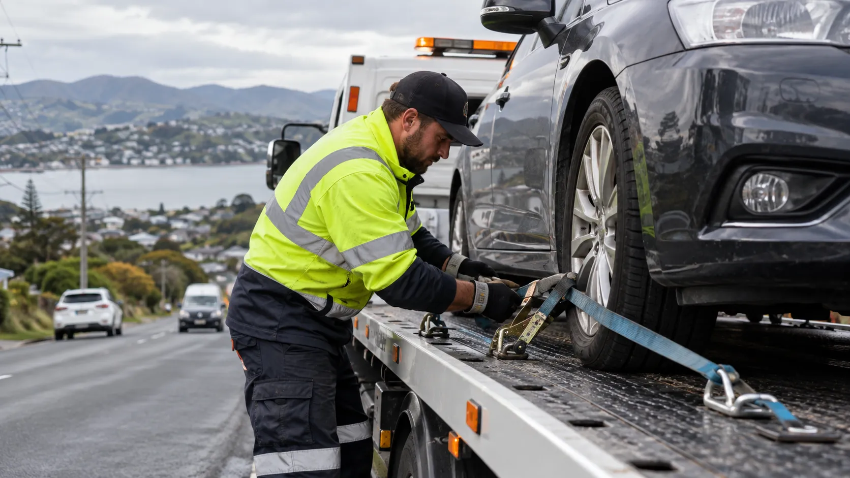 A tow truck operator strapping a car's wheel onto a flatbed truck