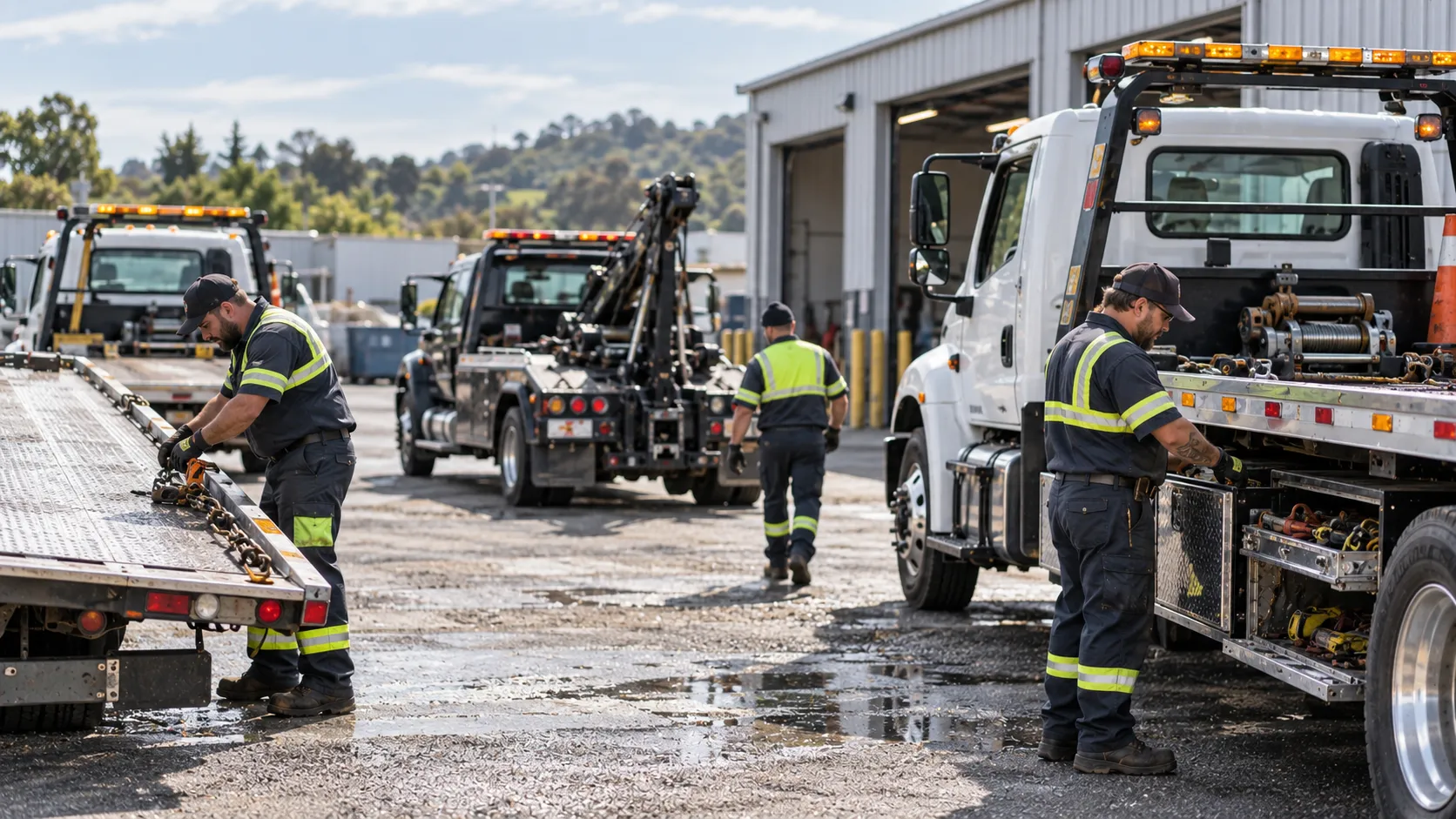 Towing operators preparing flatbed and wrecker tow trucks at a depot