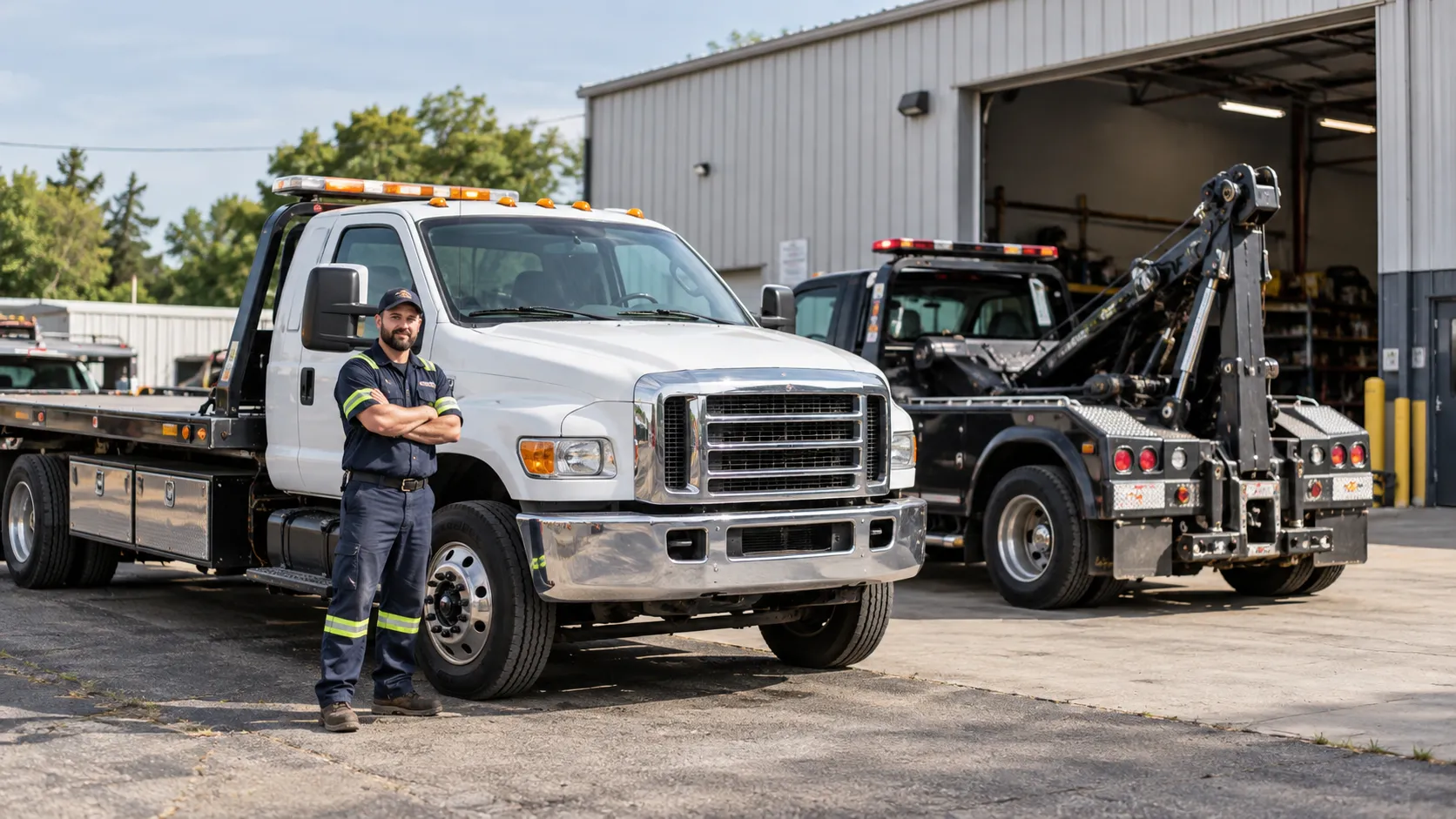 A towing operator standing with arms folded in front of a flatbed tow truck at a depot