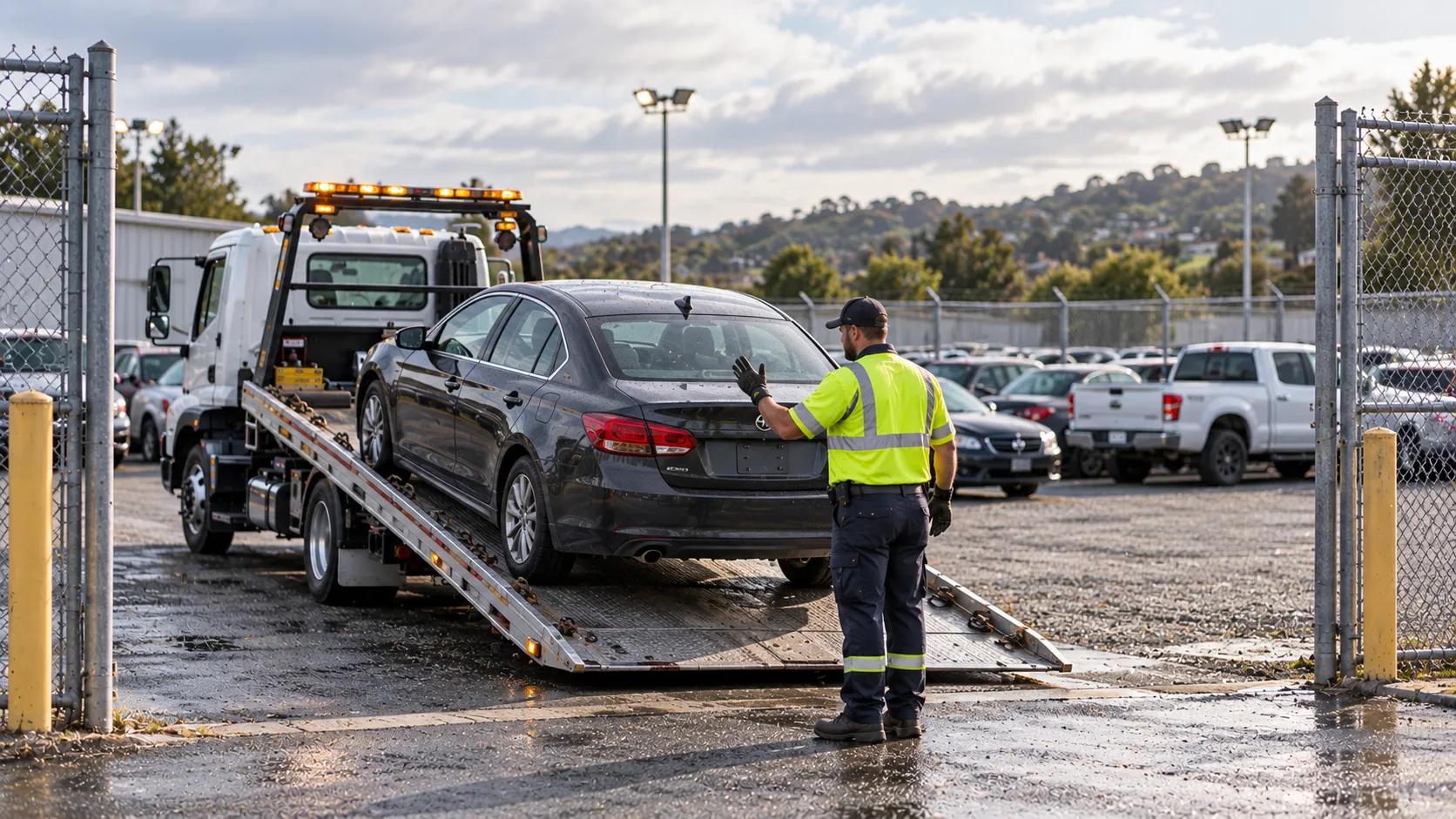 A tow truck delivering a car through the gates of a fenced vehicle storage yard